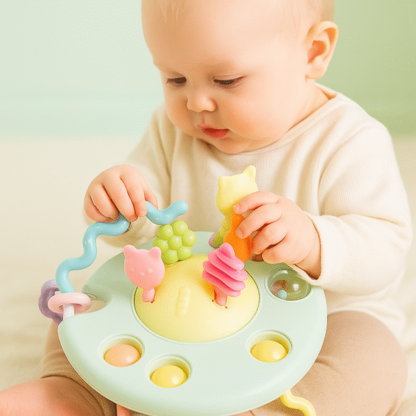 Astronaut Duck Pull String Montessori Baby Toy, Silicone Sensory Teething Toy for Fine Motor Skills Development in Babies & Toddlers